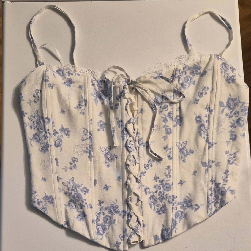 Garage White and Blue Floral Corset